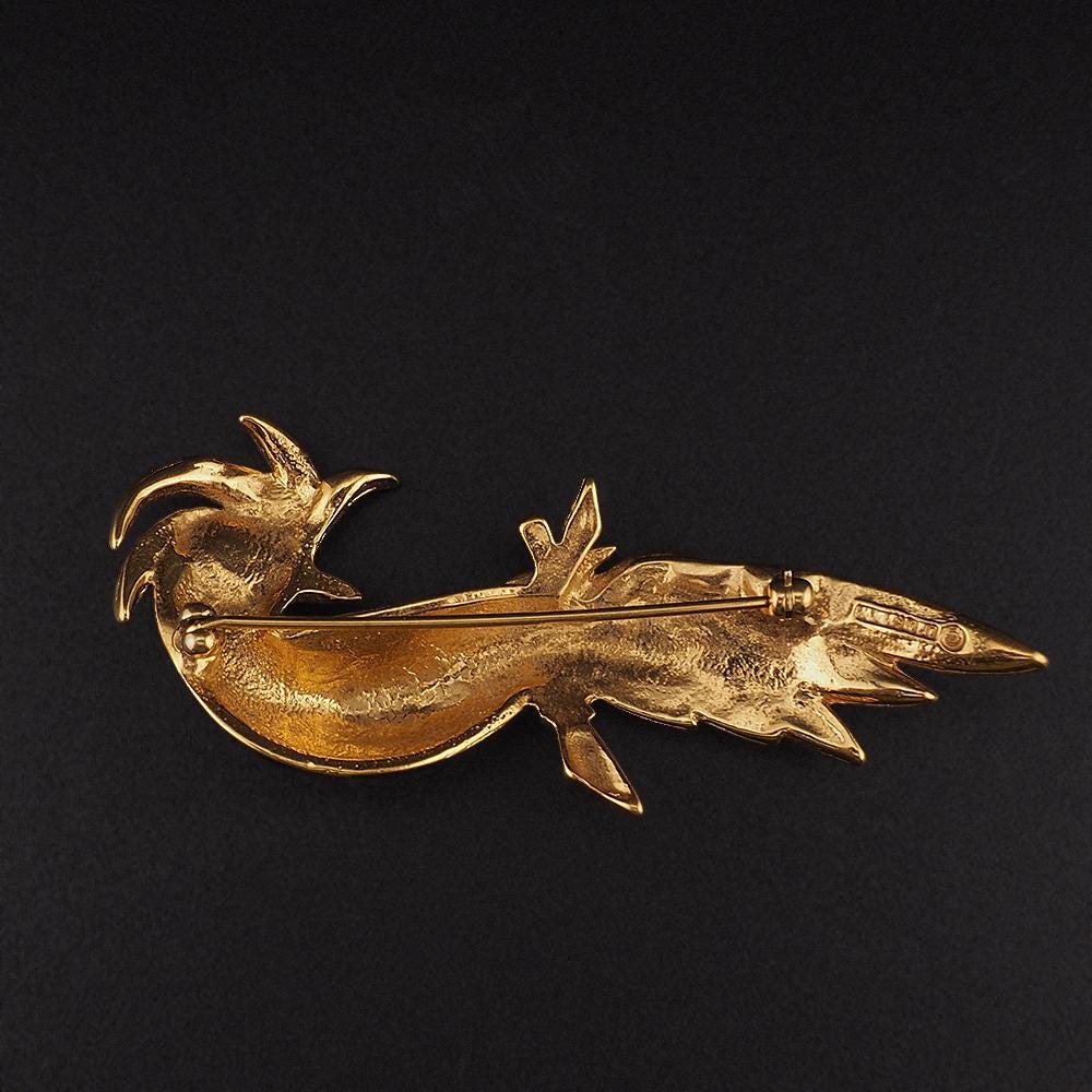 Vintage D'Orlan Fantasy Bird Brooch – Figural Crystal Rhinestone Enamel Gold Plated Pin