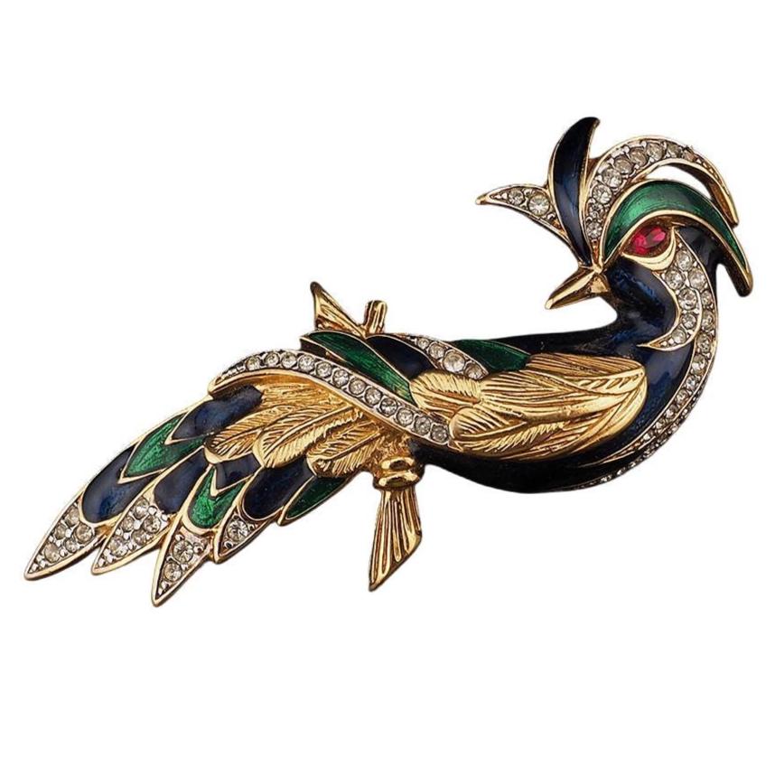 Vintage D'Orlan Fantasy Bird Brooch – Figural Crystal Rhinestone Enamel Gold Plated Pin