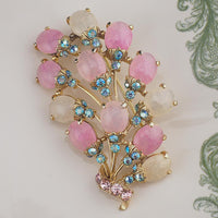 Rare Vintage Schiaparelli Large Pink Glass Cabochon Brooch – Dazzling Aurora Borealis Crystal Rhinestone Floral Spray Pin