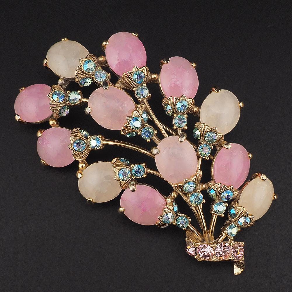 Rare Vintage Schiaparelli Large Pink Glass Cabochon Brooch – Dazzling Aurora Borealis Crystal Rhinestone Floral Spray Pin