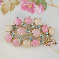 Rare Vintage Schiaparelli Large Pink Glass Cabochon Brooch – Dazzling Aurora Borealis Crystal Rhinestone Floral Spray Pin