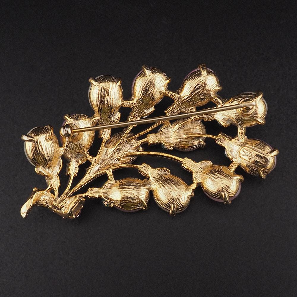 Rare Vintage Schiaparelli Large Pink Glass Cabochon Brooch – Dazzling Aurora Borealis Crystal Rhinestone Floral Spray Pin