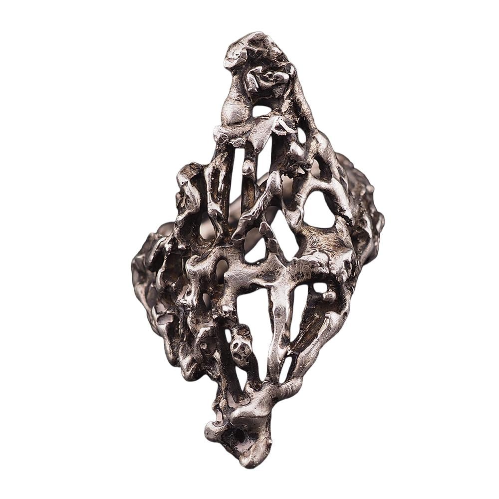 Vintage Artisan Brutalist Sterling Silver Ring – Oversized Elongated Abstract Openwork Modernist Design Size 10