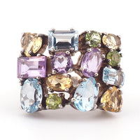 Sterling Silver Multi Gemstone Cluster Estate Ring – Blue Topaz Amethyst Citrine Peridot Baguette Cut Size 6