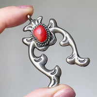 Vintage Native American Sterling Silver Naja Pendant – Red Coral Stone Stamped Southwestern Jewelry