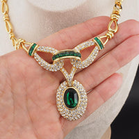 Vintage Oscar de la Renta Emerald Green Rhinestone Necklace & Earrings Set – Gold Tone Designer Demi Parure
