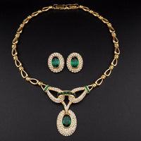 Vintage Oscar de la Renta Emerald Green Rhinestone Necklace & Earrings Set – Gold Tone Designer Demi Parure