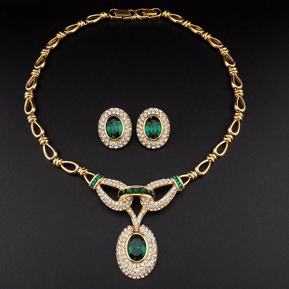 Vintage Oscar de la Renta Emerald Green Rhinestone Necklace & Earrings Set – Gold Tone Designer Demi Parure