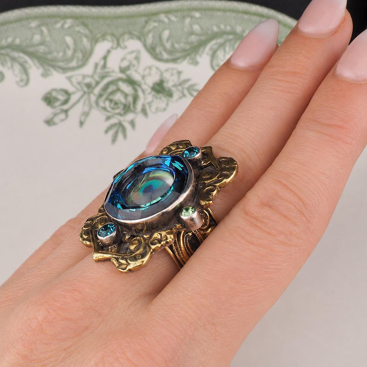 Mars & Valentine Peacock Eye Heart Ring – Sterling Silver Antique Style Designer Ring