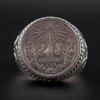 Vintage Mexican Sterling Silver 1939 20 Centavos Coin Ring – Men's or Women's Large Round Silver Ring Size 12.5
