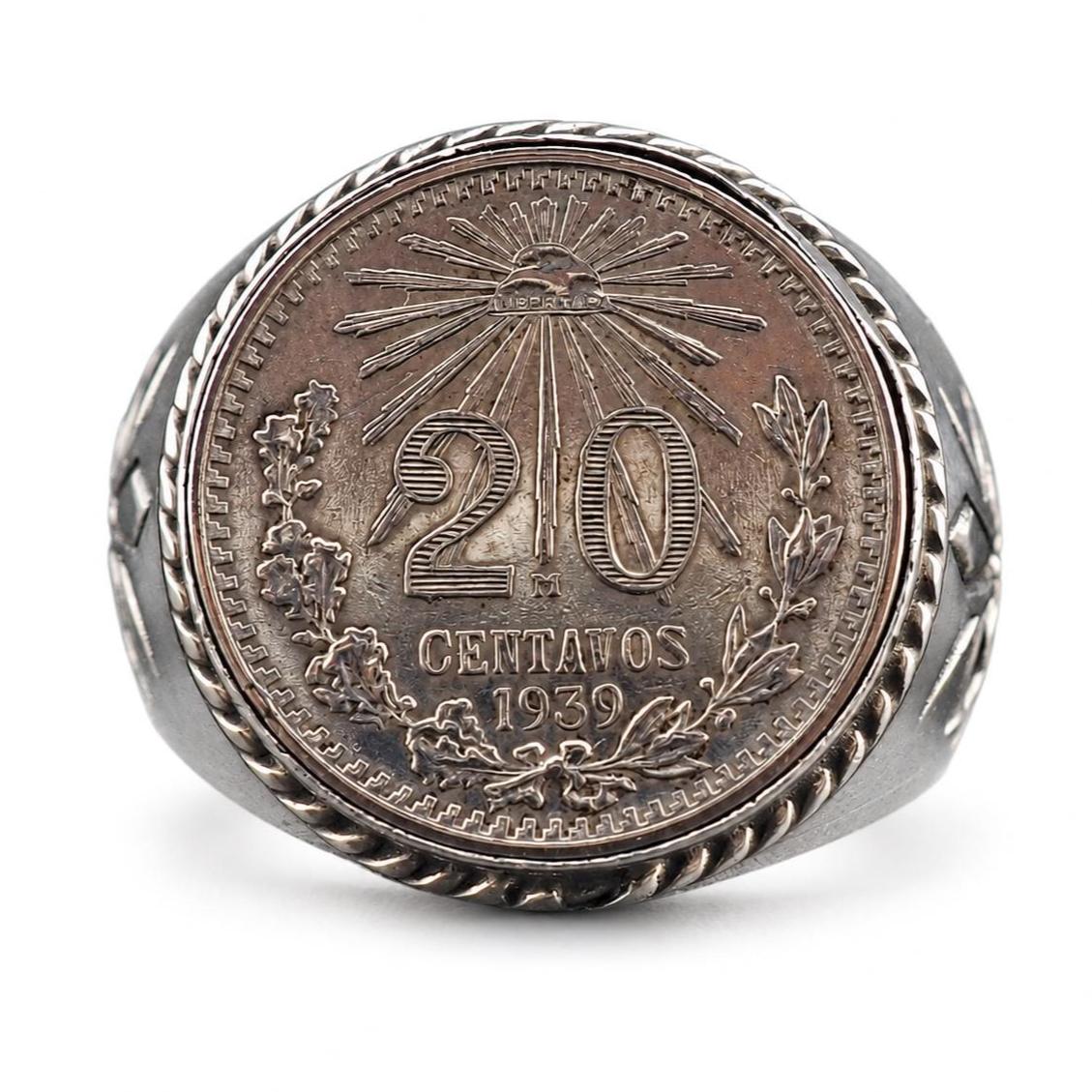 Vintage Mexican Sterling Silver 1939 20 Centavos Coin Ring – Men's or Women's Large Round Silver Ring Size 12.5
