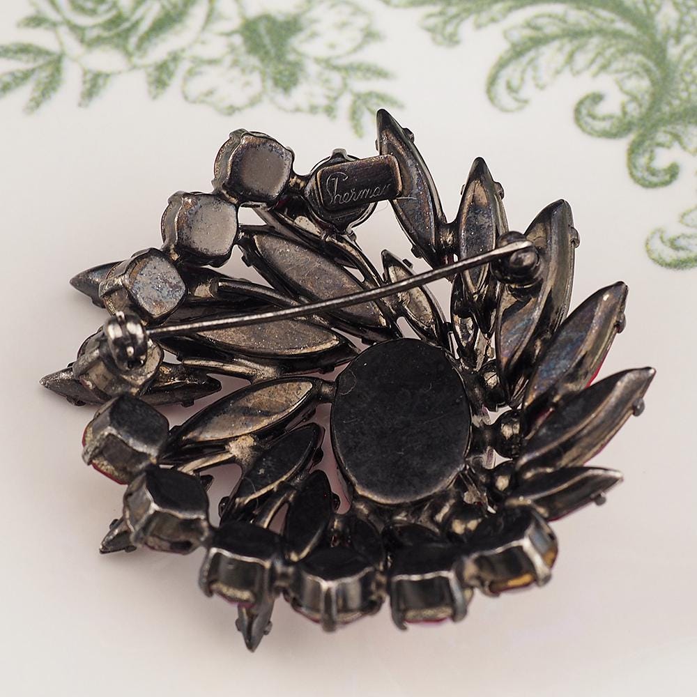 Vintage Sherman Siam Red Rhinestone Brooch – Swarovski Crystal Japanned Layered Spray Pin 1960s