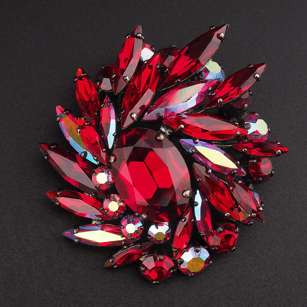 Vintage Sherman Siam Red Rhinestone Brooch – Swarovski Crystal Japanned Layered Spray Pin 1960s
