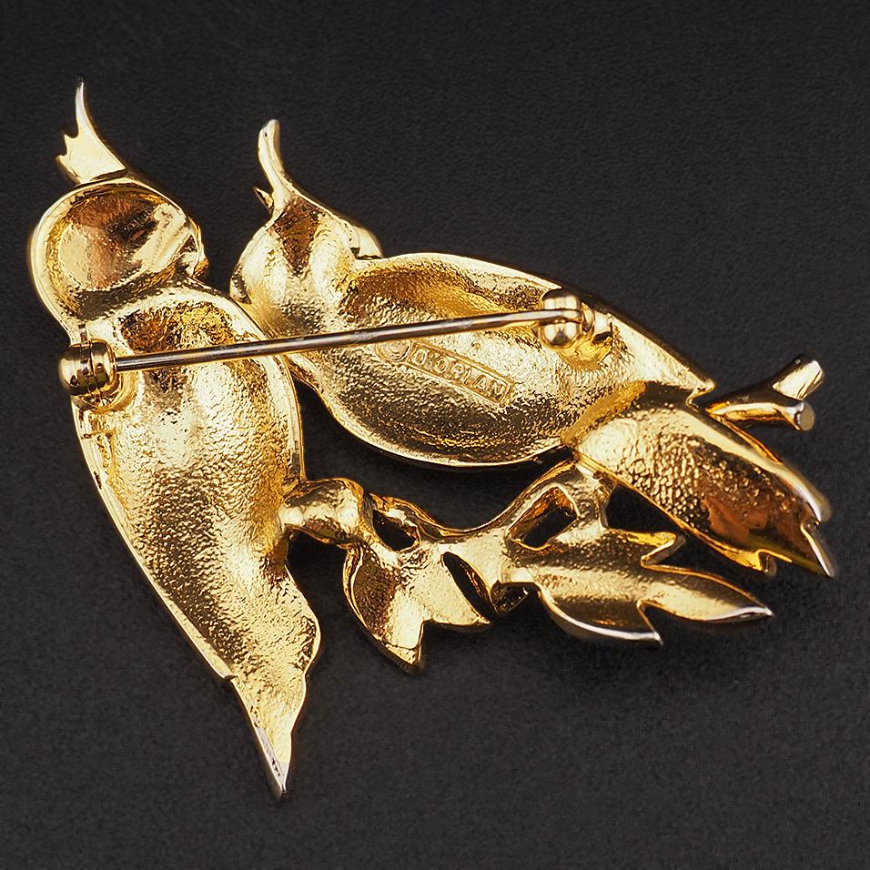 Vintage D'Orlan Figural Rhinestone Bird Brooch – Double Cockatoo Clear Crystal Gold Plated Pin - Boucher Design