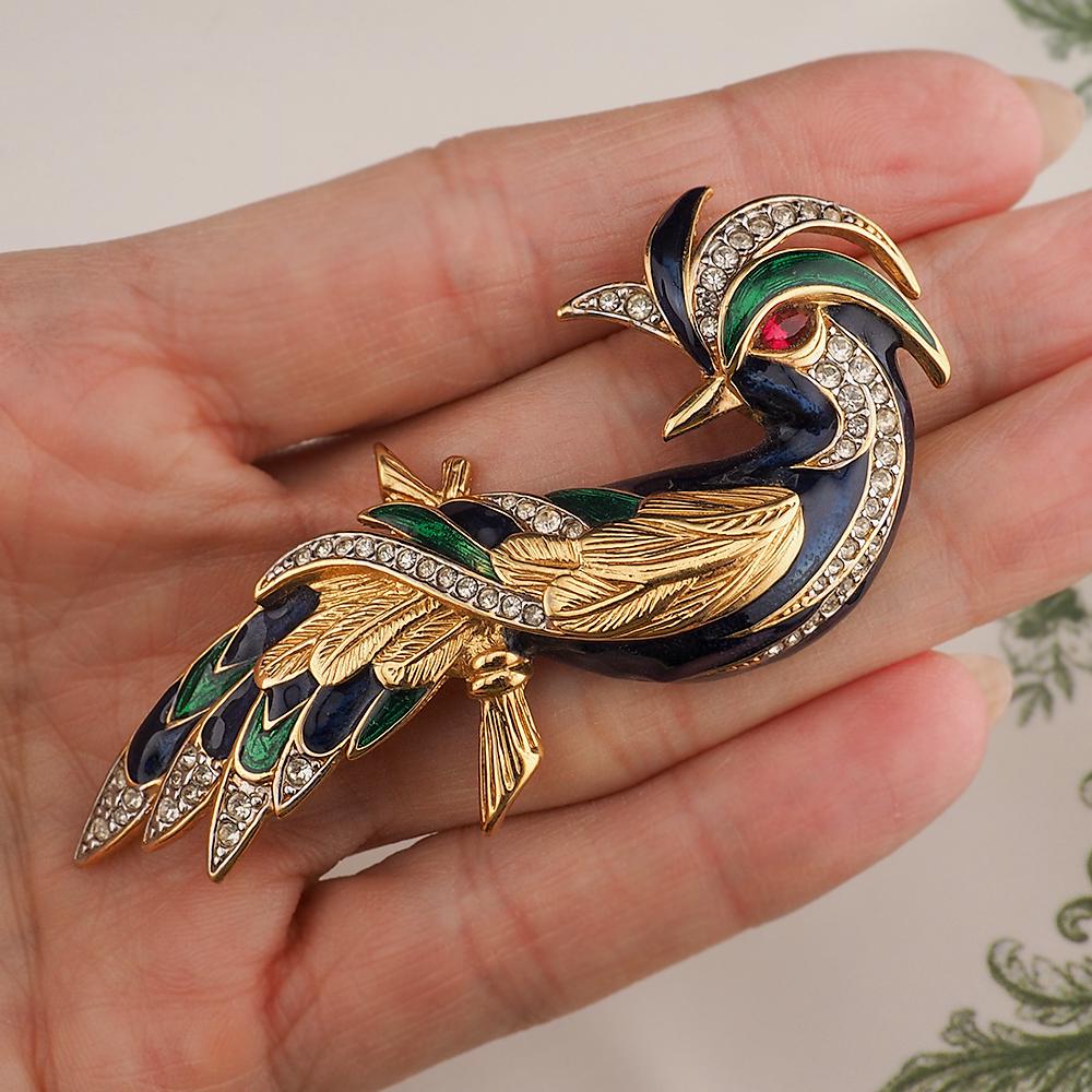 Vintage D'Orlan Fantasy Bird Brooch – Figural Crystal Rhinestone Enamel Gold Plated Pin