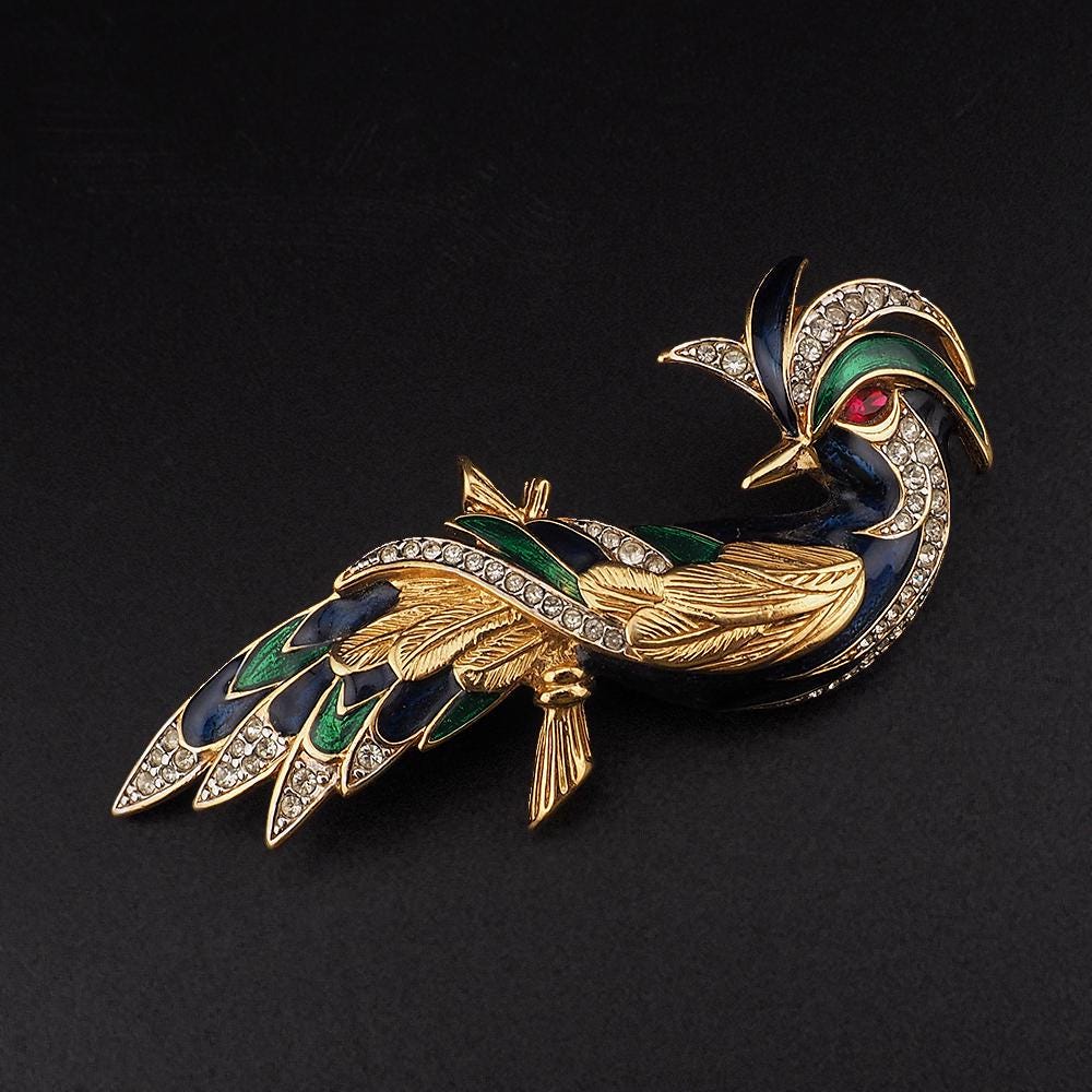 Vintage D'Orlan Fantasy Bird Brooch – Figural Crystal Rhinestone Enamel Gold Plated Pin