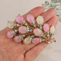 Rare Vintage Schiaparelli Large Pink Glass Cabochon Brooch – Dazzling Aurora Borealis Crystal Rhinestone Floral Spray Pin