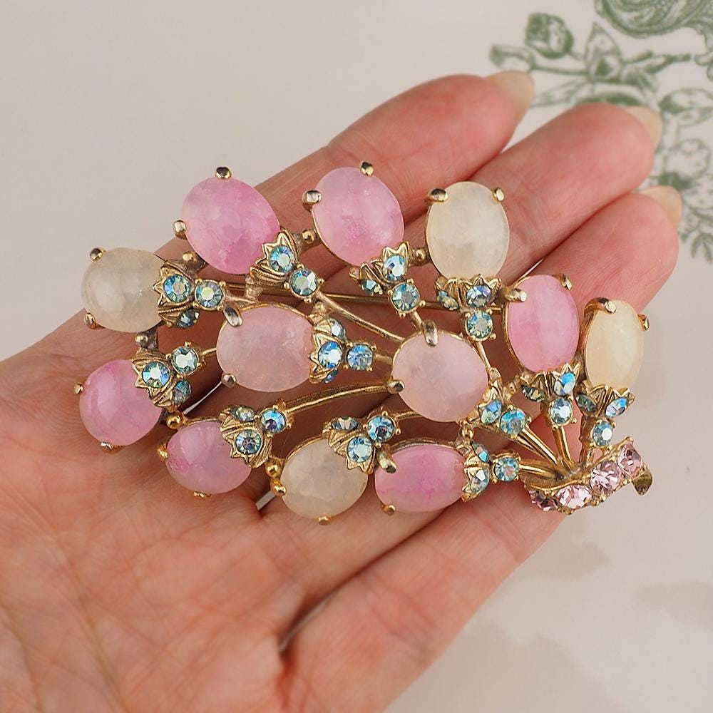 Rare Vintage Schiaparelli Large Pink Glass Cabochon Brooch – Dazzling Aurora Borealis Crystal Rhinestone Floral Spray Pin