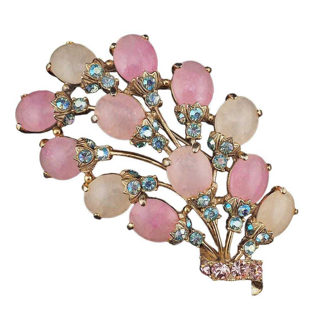 Rare Vintage Schiaparelli Large Pink Glass Cabochon Brooch – Dazzling Aurora Borealis Crystal Rhinestone Floral Spray Pin