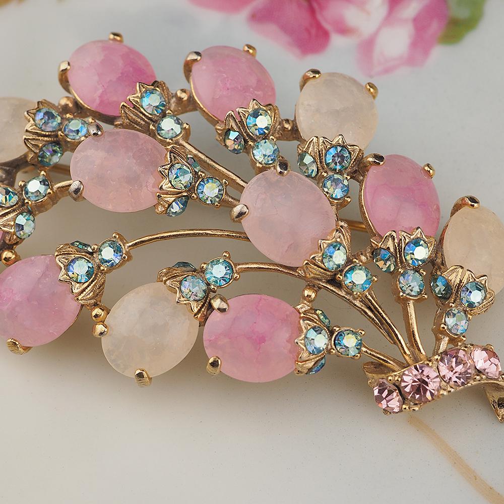 Rare Vintage Schiaparelli Large Pink Glass Cabochon Brooch – Dazzling Aurora Borealis Crystal Rhinestone Floral Spray Pin