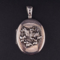 Antique Victorian Sterling Silver Swallow Bird Locket Pendant – Raised Applied Ivy Leaf Design