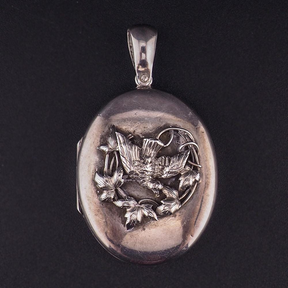 Antique Victorian Sterling Silver Swallow Bird Locket Pendant – Raised Applied Ivy Leaf Design