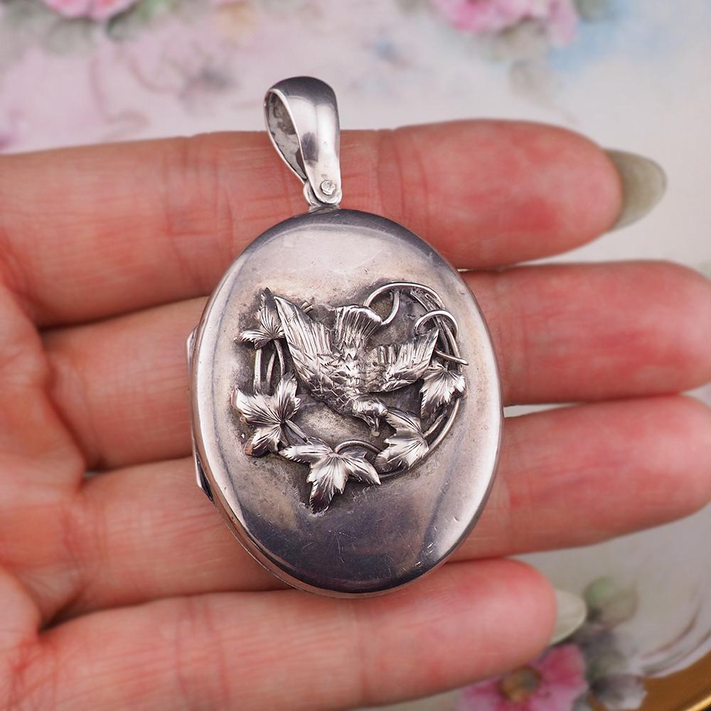 Antique Victorian Sterling Silver Swallow Bird Locket Pendant – Raised Applied Ivy Leaf Design