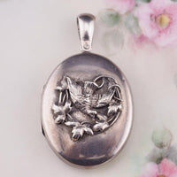Antique Victorian Sterling Silver Swallow Bird Locket Pendant – Raised Applied Ivy Leaf Design