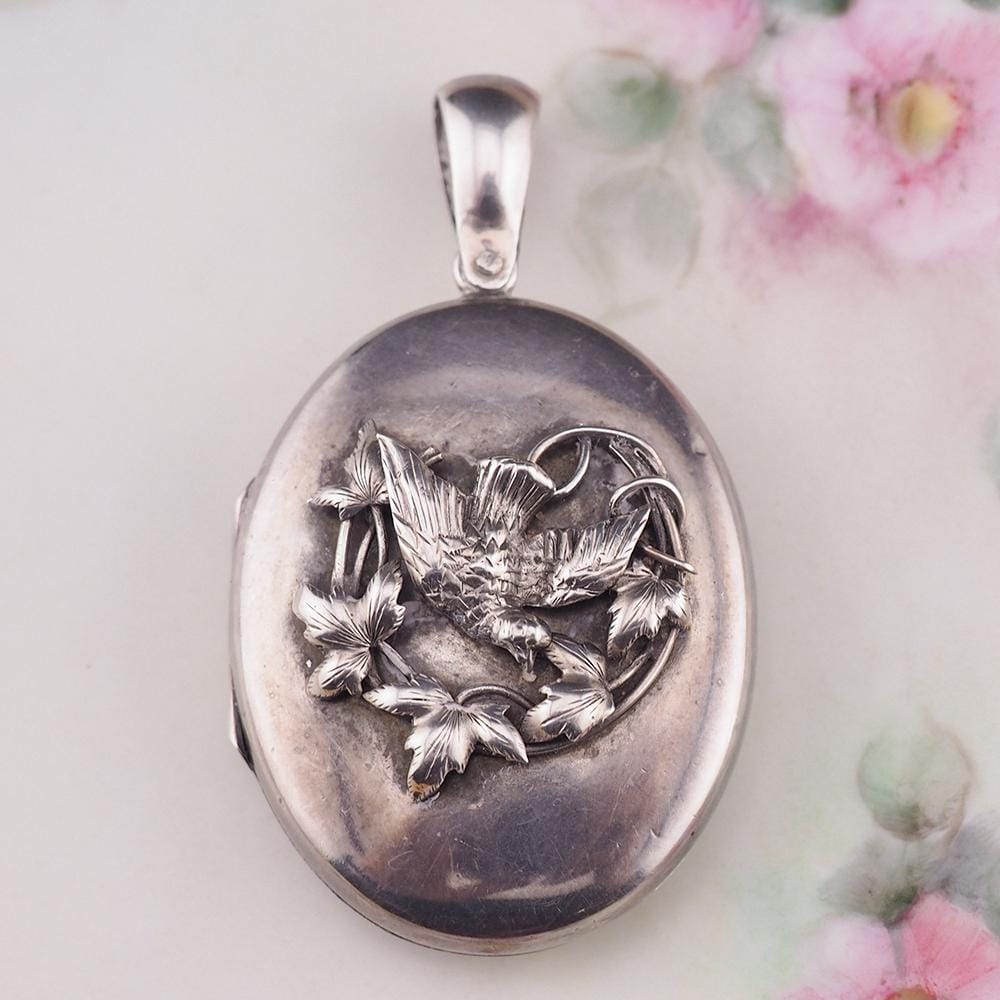 Antique Victorian Sterling Silver Swallow Bird Locket Pendant – Raised Applied Ivy Leaf Design