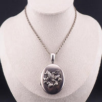 Antique Victorian Sterling Silver Swallow Bird Locket Pendant – Raised Applied Ivy Leaf Design