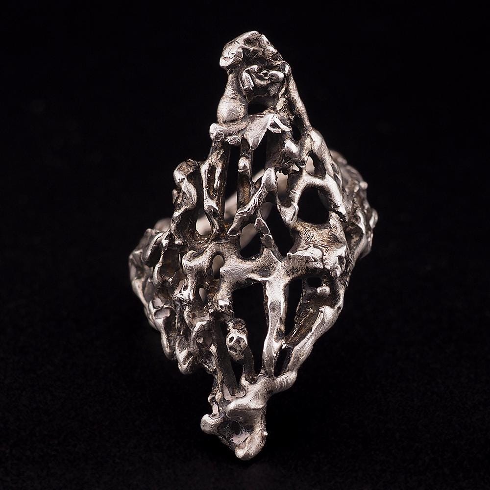 Vintage Artisan Brutalist Sterling Silver Ring – Oversized Elongated Abstract Openwork Modernist Design Size 10