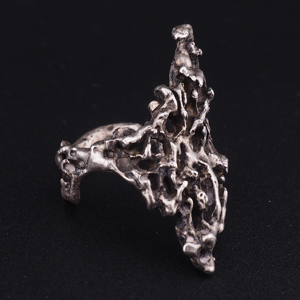 Vintage Artisan Brutalist Sterling Silver Ring – Oversized Elongated Abstract Openwork Modernist Design Size 10