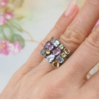 Sterling Silver Multi Gemstone Cluster Estate Ring – Blue Topaz Amethyst Citrine Peridot Baguette Cut Size 6