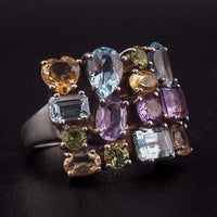 Sterling Silver Multi Gemstone Cluster Estate Ring – Blue Topaz Amethyst Citrine Peridot Baguette Cut Size 6
