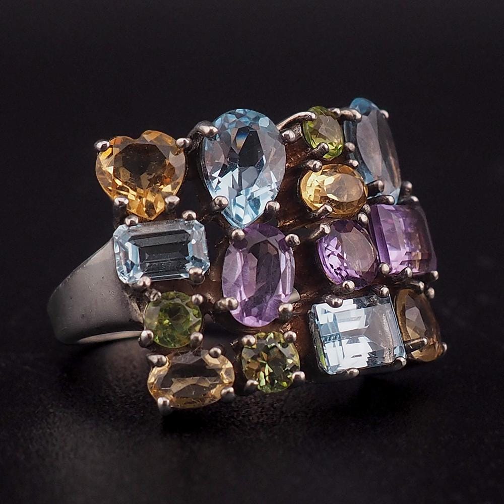 Sterling Silver Multi Gemstone Cluster Estate Ring – Blue Topaz Amethyst Citrine Peridot Baguette Cut Size 6