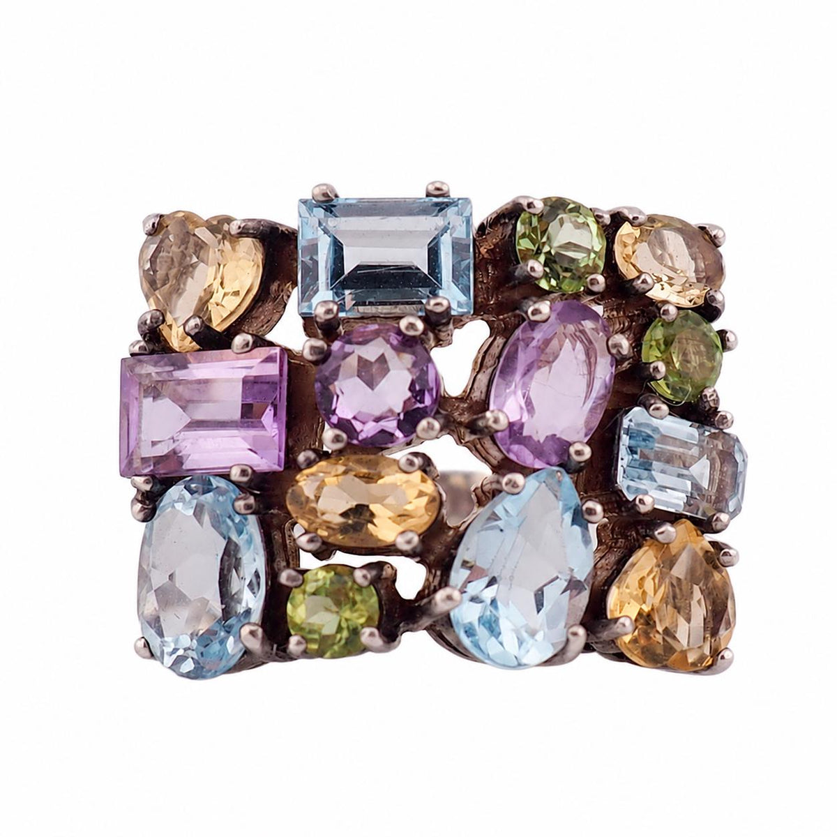 Sterling Silver Multi Gemstone Cluster Estate Ring – Blue Topaz Amethyst Citrine Peridot Baguette Cut Size 6