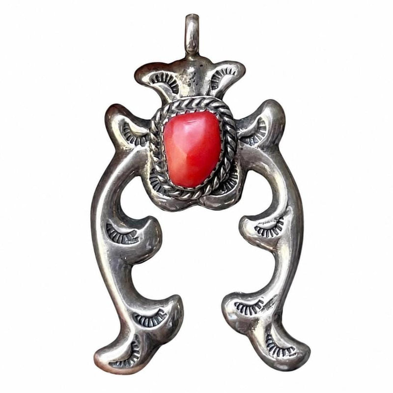 Vintage Native American Sterling Silver Naja Pendant – Red Coral Stone Stamped Southwestern Jewelry