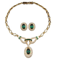 Vintage Oscar de la Renta Emerald Green Rhinestone Necklace & Earrings Set – Gold Tone Designer Demi Parure