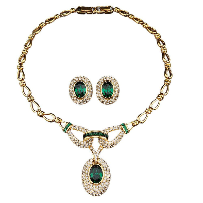 Vintage Oscar de la Renta Emerald Green Rhinestone Necklace & Earrings Set – Gold Tone Designer Demi Parure