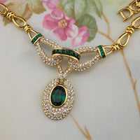 Vintage Oscar de la Renta Emerald Green Rhinestone Necklace & Earrings Set – Gold Tone Designer Demi Parure
