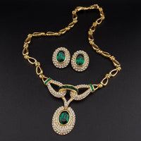 Vintage Oscar de la Renta Emerald Green Rhinestone Necklace & Earrings Set – Gold Tone Designer Demi Parure