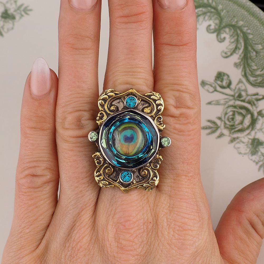 Mars & Valentine Peacock Eye Heart Ring – Sterling Silver Antique Style Designer Ring