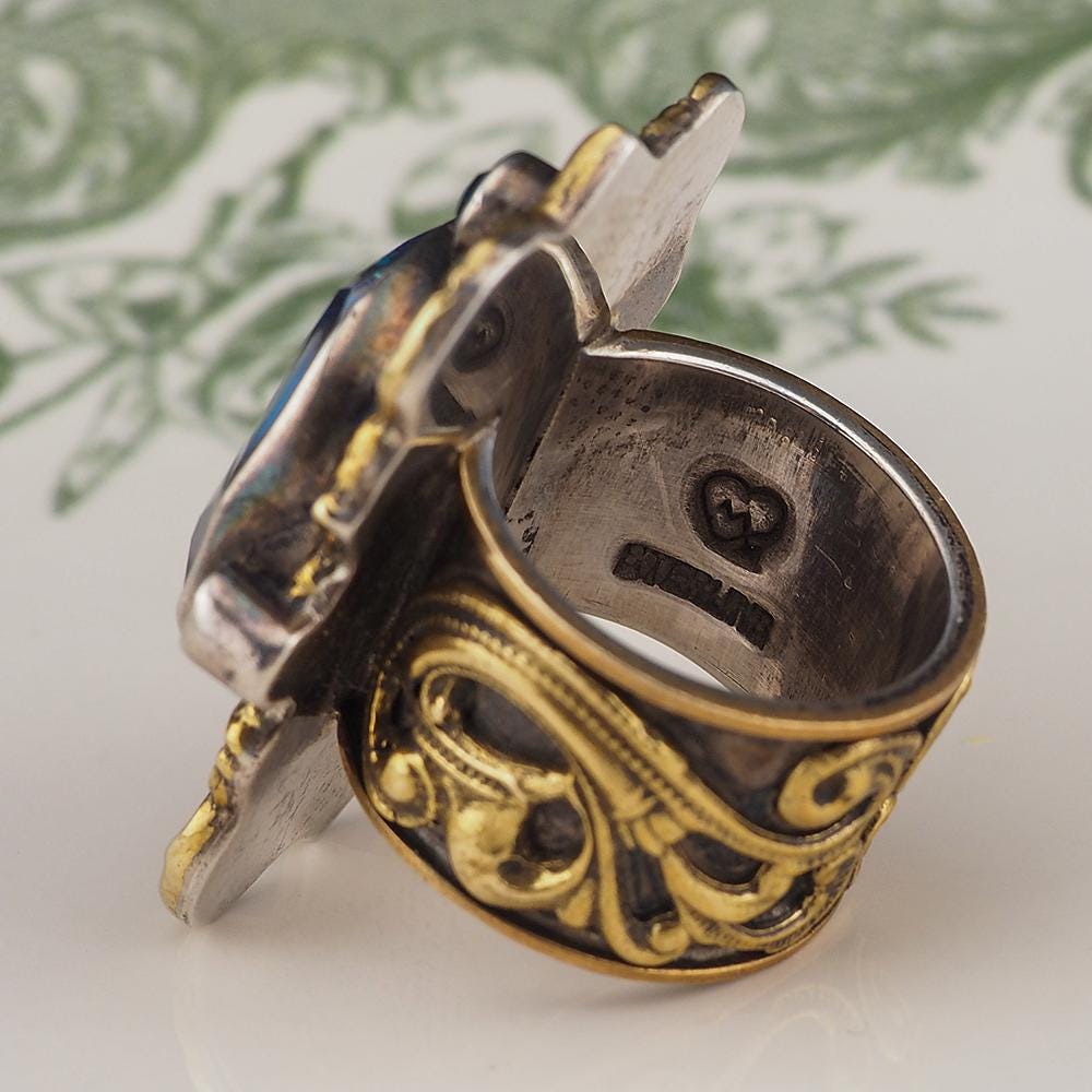 Mars & Valentine Peacock Eye Heart Ring – Sterling Silver Antique Style Designer Ring