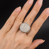 Vintage Mexican Sterling Silver 1939 20 Centavos Coin Ring – Men's or Women's Large Round Silver Ring Size 12.5