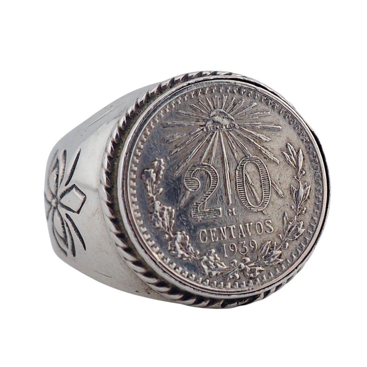 Vintage Mexican Sterling Silver 1939 20 Centavos Coin Ring – Men's or Women's Large Round Silver Ring Size 12.5
