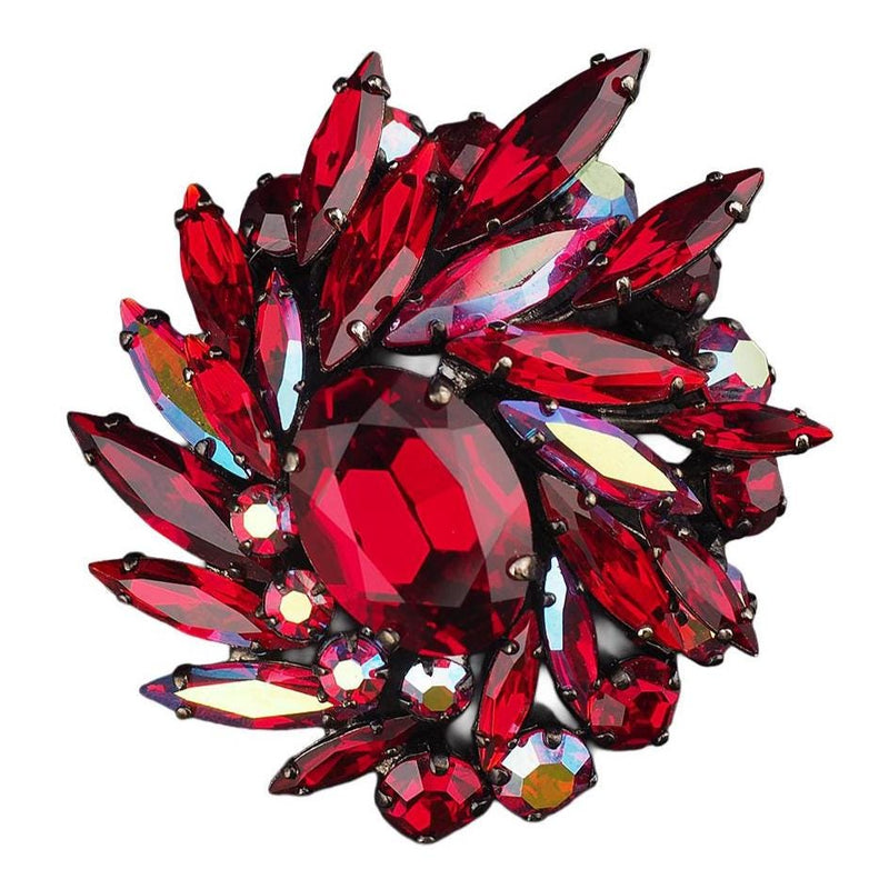 Vintage Sherman Siam Red Rhinestone Brooch – Swarovski Crystal Japanned Layered Spray Pin 1960s
