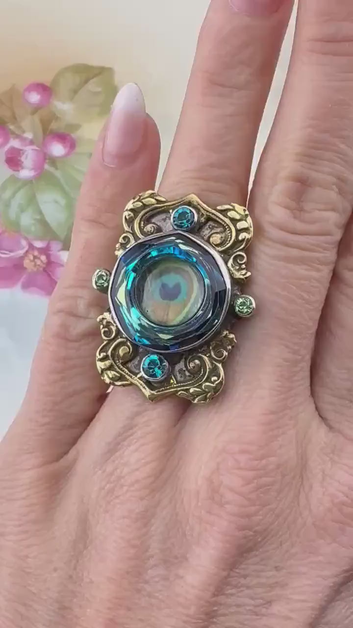 Mars & Valentine Peacock Eye Heart Ring – Sterling Silver  Antique Style Designer Ring