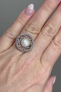 Silver Pearl Ring, Filigree Ring, Silver Ring, Estate Ring, Pearl Ring, Round Ring, Openwork Ring, Size 6 Ring, Genuine Pearl Ring, 925 Ring