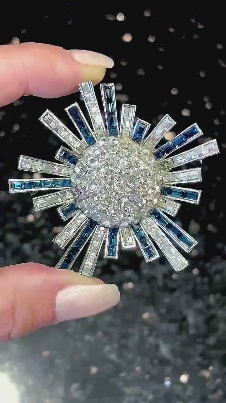 Starburst  Brooch, Designer Brooch, High End Brooch, Vintage Brooch, Blue Rhinestone Brooch, Atomic Brooch, Mid Century Brooch