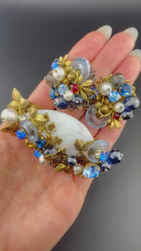 Vintage Glass Beaded Brooch Set, Glass Disk Brooch, Layered Brass Filigree Brooch, Mid Century Statement Set, Wired Bead Brooch, Blue Brooch